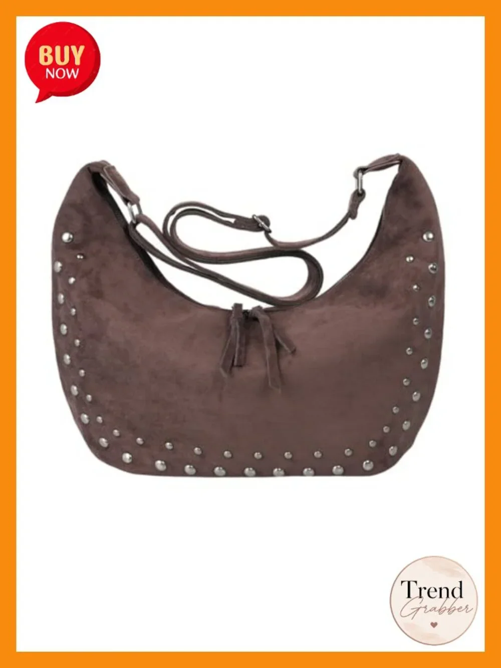 Studded Faux Suede Hobo Bag for Women - Adjustable Crossbody Shoulder Purse